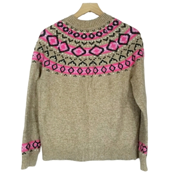 Ann Taylor Loft Fair Isle Nortic Beige Hot Pink Crewneck Sweater Sz Medium - Picture 3 of 4